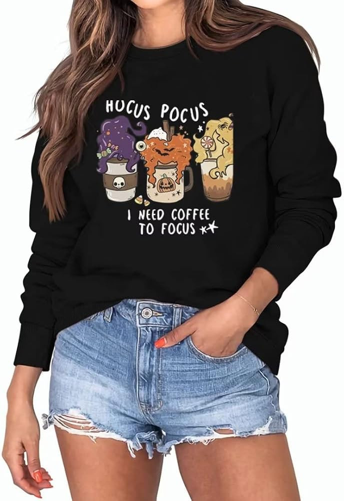 Halloween & Coffee Funny Shirt Sweatshirt Casual Short/Long Sleeve Tops Cute Daily Shirts (Sells SEP | Amazon (US)