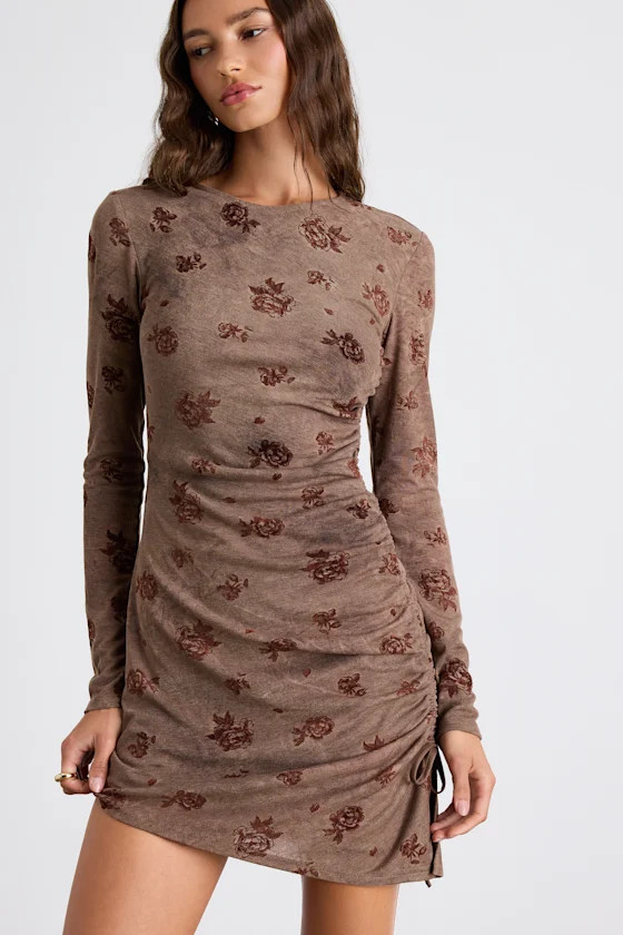 Laudie Light Brown Rose Print Ruched Mini Dress | Lulus