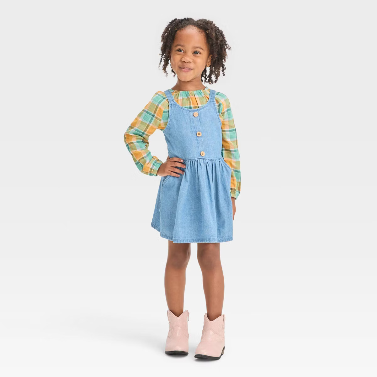 Toddler Girls' Plaid Long Sleeve Top & Denim Skirtall Set - Cat & Jack™ Blue | Target