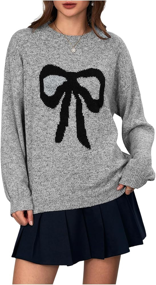 MakeMeChic Women's Y2K Bow Knot Sweaters Long Sleeve Mock Neck Pullover Sweaters Knit Top | Amazon (US)