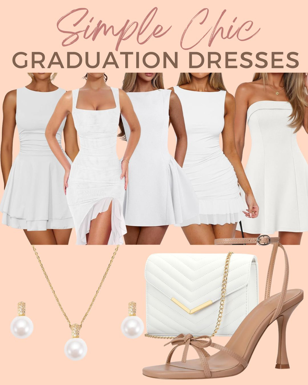 Celebrate May and June graduations with the perfect graduation dresses in crisp white colors and simple knee length cuts. #graduationdress #graduation #graduationoutfits #graduationdresses