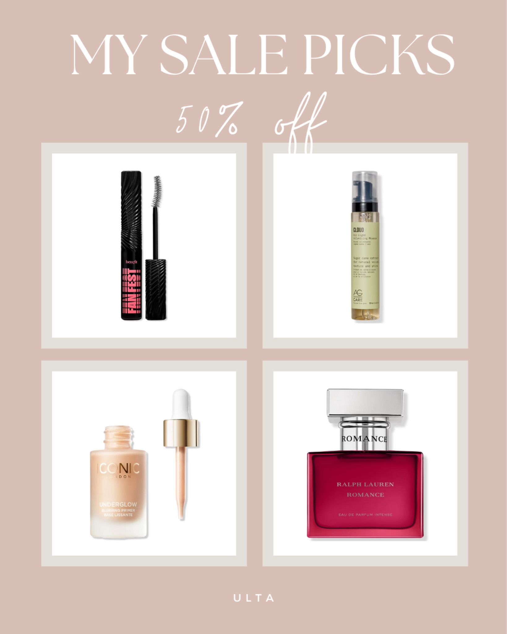 Today’s Ulta Beauty sale picks are a mix of my all-time faves and new finds! 👀✨ I’m restocking the Fan Fest Fanning & Volumizing Mascara—such a game-changer for full lashes! 😍 And, I'm excited to try out the Iconic Underglow Blurring Primer, AG Care Cloud Air Light Volumizing Mousse, and Ralph Lauren Romance Eau de Parfum Intense for the first time! 💕

#LTKBeauty #LTKSaleAlert #LTKFallSale