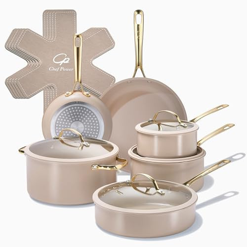 Chef Power Ceramic Cookware Sets, 15Pcs Pots and Pans Set Non Stick, Cookware Set with Stainless Steel Handle, Dishwasher & Oven Safe, Taupe and Light Gold Handle | Amazon (US)
