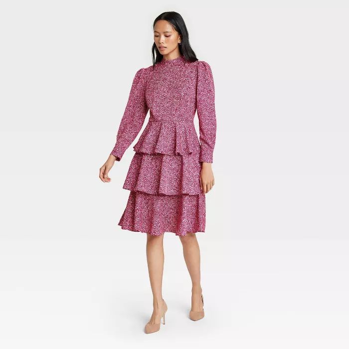 Women's Leopard Print Puff Long Sleeve A-Line Dress - Who What Wear™ Pink | Target