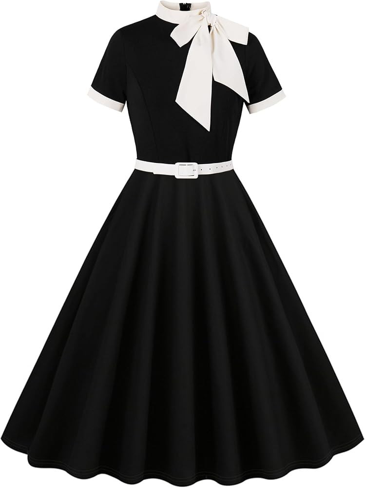 50s Style Dresses for Women Vintage Short Sleeve Tie Neck Swing Dress Midi Prom Dress with Belt | Amazon (US)