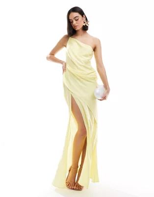 ASOS DESIGN satin one shoulder maxi dress with thigh split in lemon | ASOS | ASOS (Global)