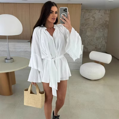Women Long Ruffle Bell Sleeve Shirt Dress Waistband Minidress, White, XXL | Target