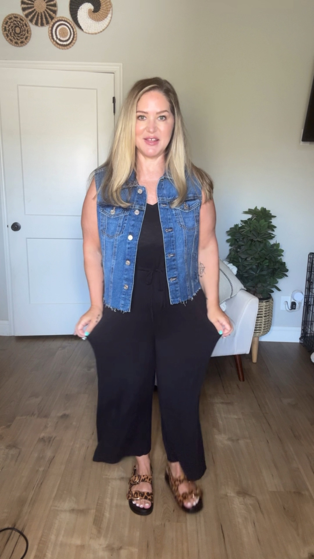 Size large in the best and jumpsuit. The black is sold out but it comes in blue too and is fully stocked. Sandals tts 

#LTKOver40 #LTKStyleTip #LTKMidsize