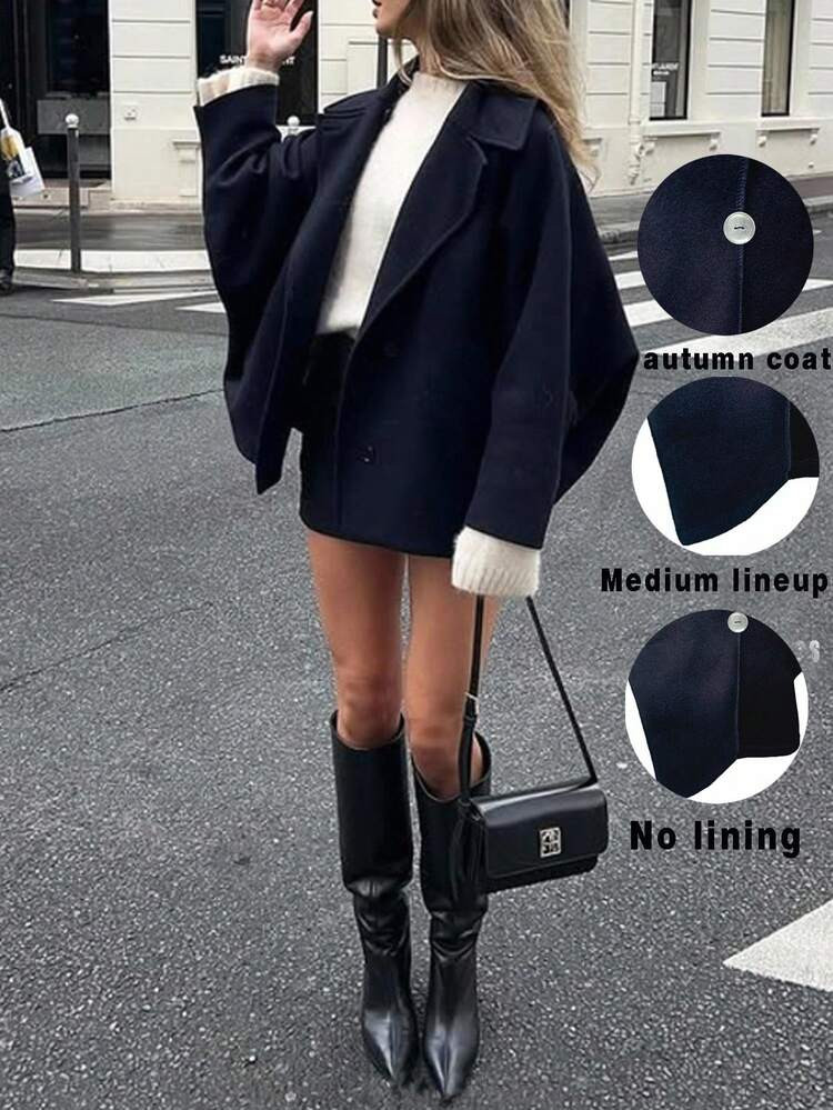 Chiquease Elegant Distinctive Open Shoulder Loose High-Collar Double-Breasted Wool Jacket, Autumn/Winter Fall Cloth For Women | SHEIN