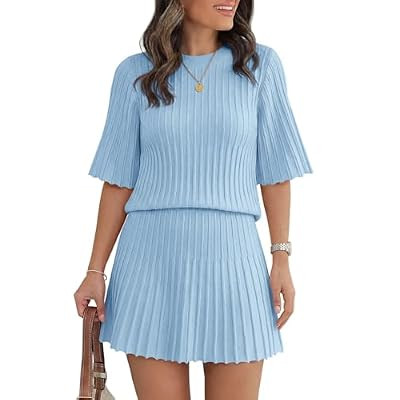 Saodimallsu Womens Sweater Sets 2 Piece Outfits Summer Half Sleeve Ribbed Knit Top and Ple… | Amazon (US)