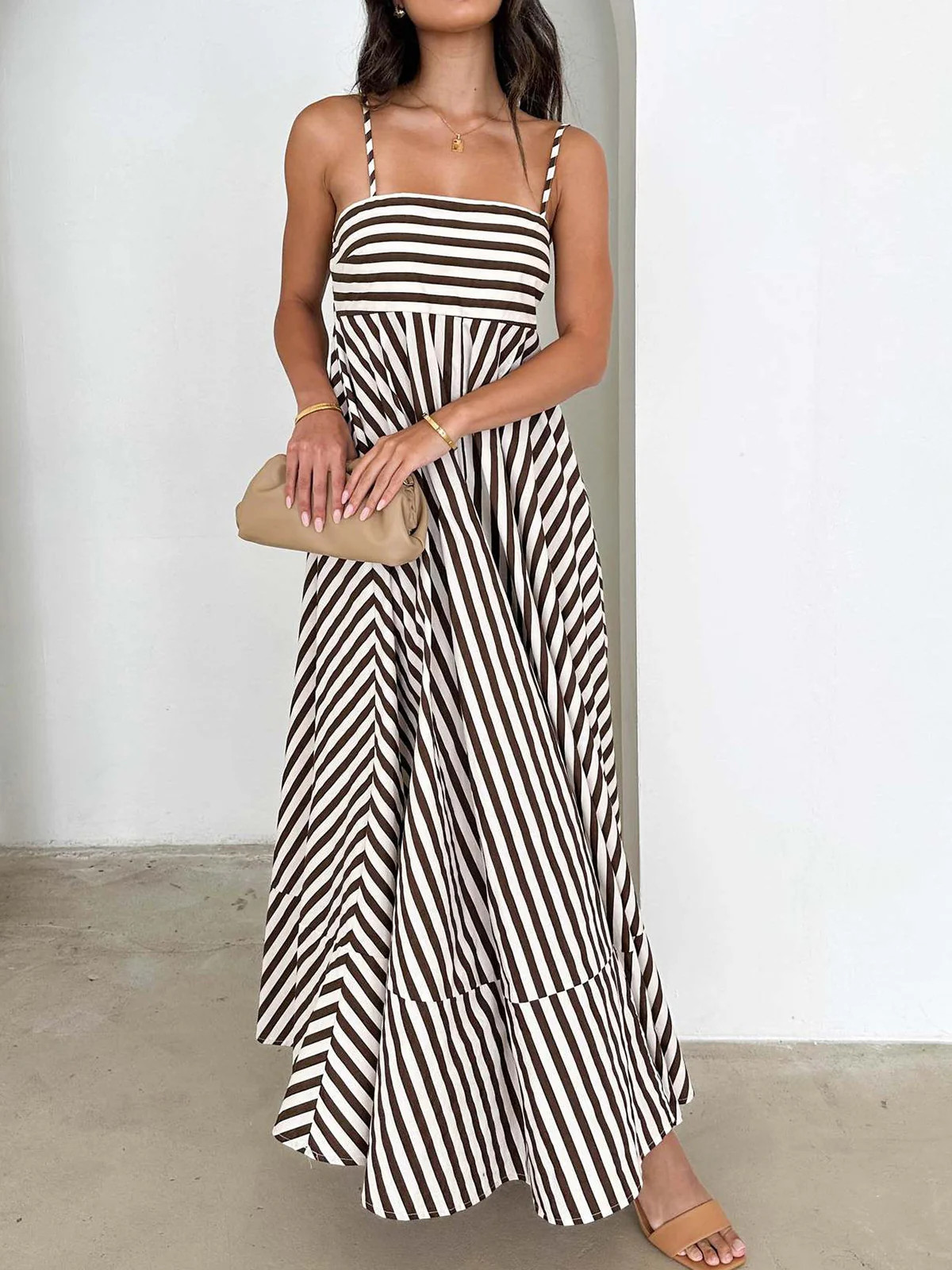Striped Pleated Cami Long Dress | Commense
