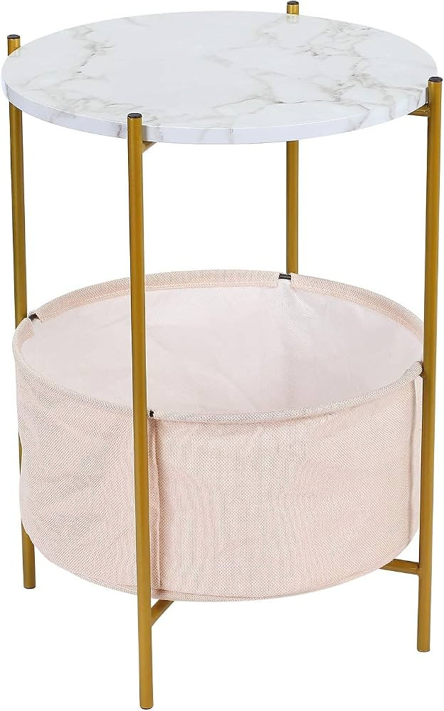Round Storage Side Table, 2-Tier End Table with Fabric Basket Gold Metal Frame, 16'' Faux Marble ... | Amazon (US)