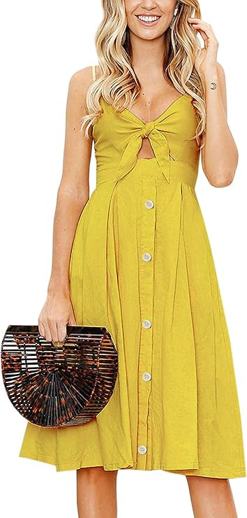 ECOWISH Women Dresses Summer Tie Front V-Neck Spaghetti Strap Button Down A-Line Backless Swing M... | Amazon (US)