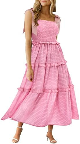 Wenrine Womens Summer Floral Maxi Dress Smocked Tie Shoulder Boho Sleeveless Ruffle Tiered Casual... | Amazon (US)