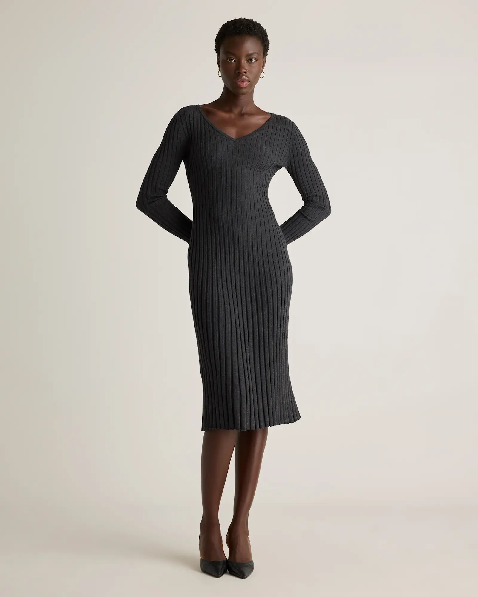 Cotton Cashmere Ribbed Long Sleeve V-Neck Midi Dress | Quince