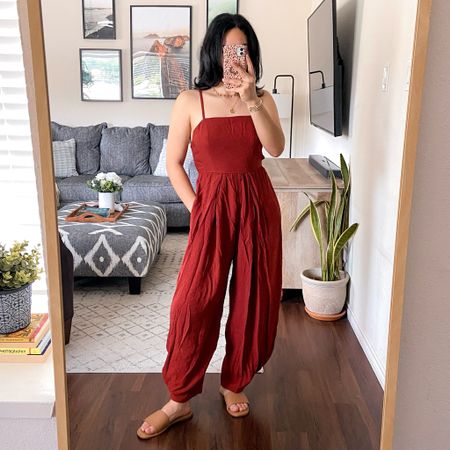 get 15% off this jumpsuit with code: JESSM15 💕 i’m wearing this jumpsuit in a size medium, in color brandy snifter, and inseam regular. it fits true to size and the length is just right (i’m 5’3”). the fabric is lightweight and opaque (no need to wear a bra). the lace up detail on the back is cute and it has pockets. 

#LTKStyleTip #LTKFindsUnder100 #LTKSaleAlert