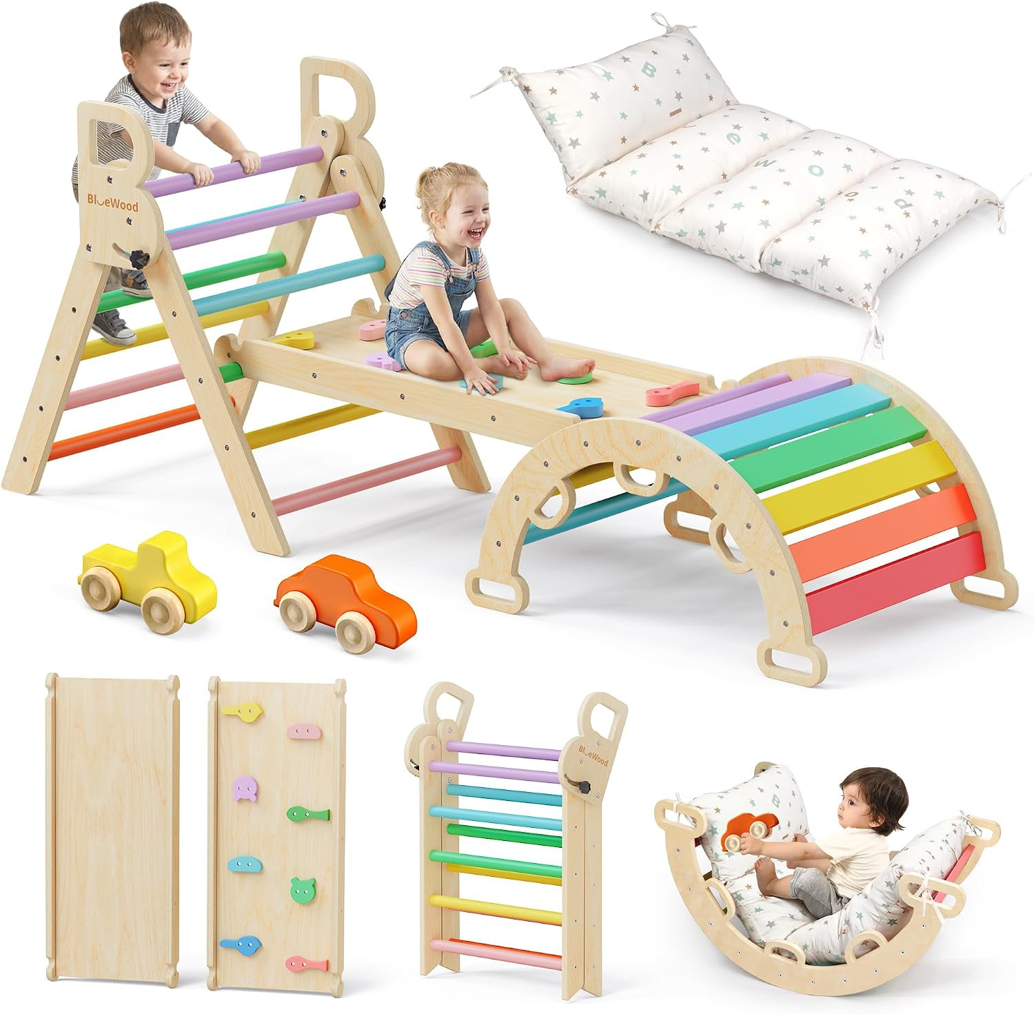 BlueWood Pikler Triangle Set with Cushion, Wooden Climbing Toys for Toddler | Amazon (US)