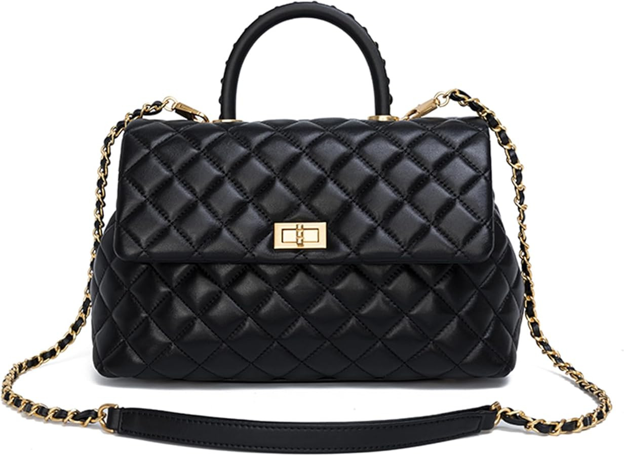 Women's Genuine Leather Quilted Handbag Fashion Flap Design Large Capacity Crossbody Bags Casual Outdoor Shoulder Bag (Black) | Amazon (US)