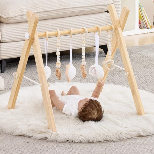 Foldable Wooden Baby Play Gym, Activity Center with 6 Sensory Hanging Toys Natural Wood Montessori Toys for Babies Indoor Gym, No-Tool Assembly Newborn for Infant Motor Development | Amazon (US)