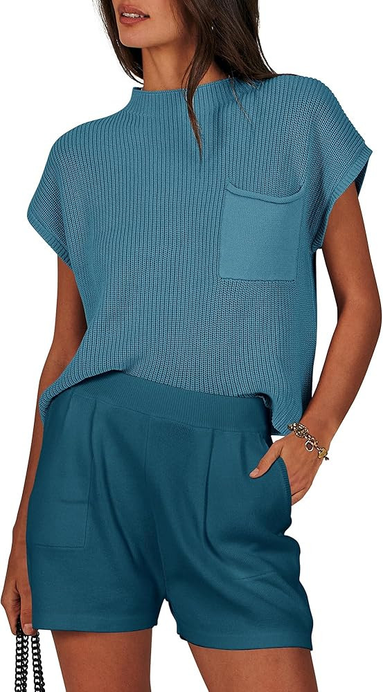 ANRABESS Women's Two Piece Summer Outfits Knit Sweater Short Sets Pullover Tops & Shorts Lounge M... | Amazon (US)