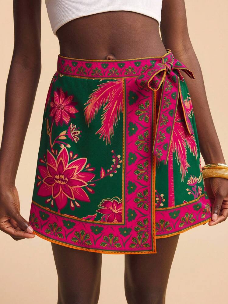 Travachic Women's Casual All-Over Print Tie-Up Wrap Around A-Line Skirt,Vacation,Vacation Style,B... | SHEIN