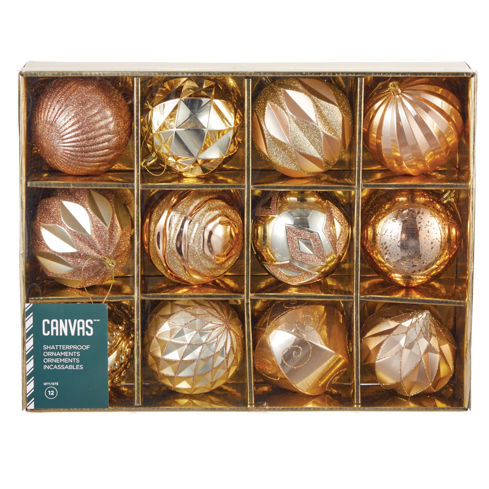 CANVAS Shatterproof Decoration Ball Christmas Ornament Set, Gold, 100mm, 12-pc | Canadian Tire