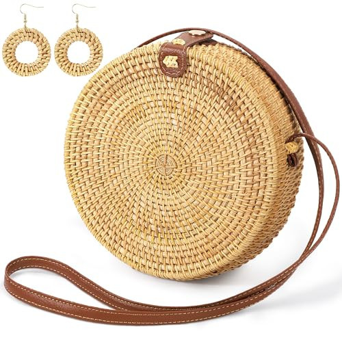 LHMTQVK Rattan Bag Rattan Purses for Women Rattan Handbags for Women Summer Purse Woven Bag Straw Purses with 1 Pair Rattan Earrings(Round), Brown | Amazon (US)