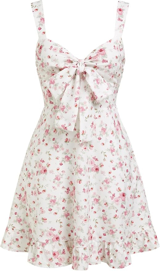 CIDER Womens Floral Mini Dress Spaghetti Strap Ruffle Hem Smocked Waist Dresses Flowy A-Line Sund... | Amazon (US)