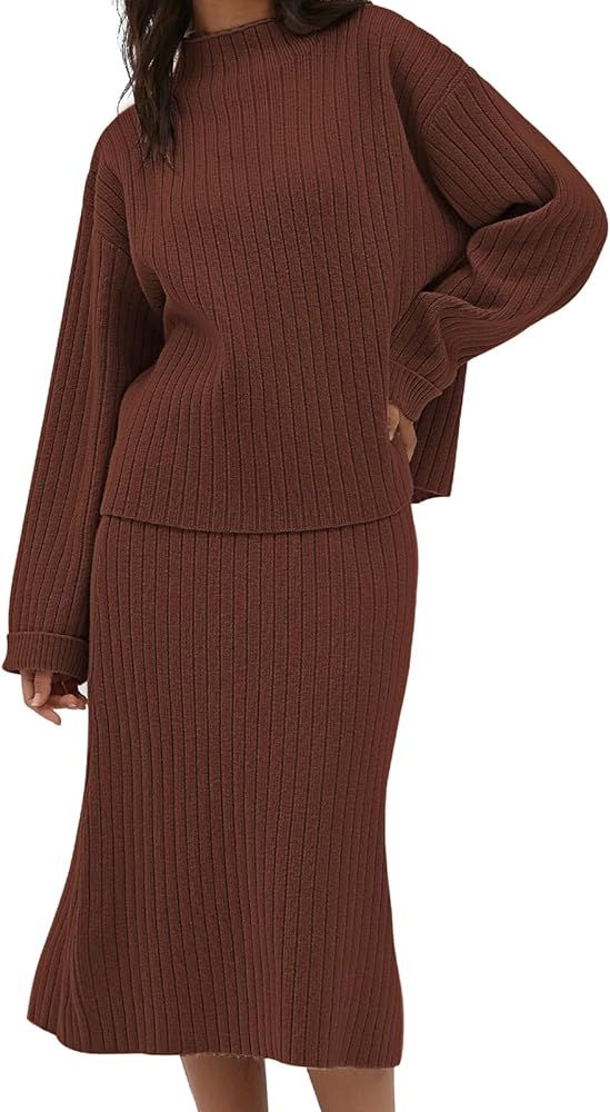 CHYRII Womens Fashion Two Piece Outfits Mock Neck Oversized Sweater Tops Skirt Sets Sweater Dress... | Amazon (US)