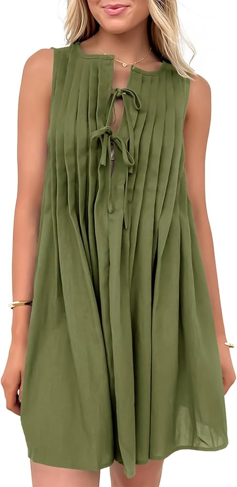 Wenrine Womens Tie Front Mini Dress Casual Bow Sleeveless Pleated Summer Loose Babydoll Dresses | Amazon (US)