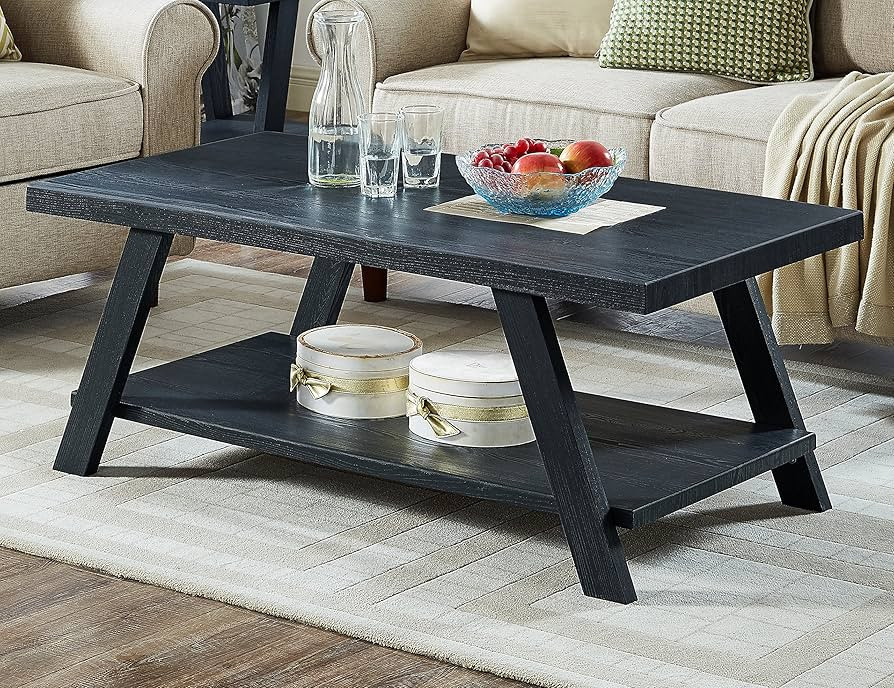 Roundhill Furniture Athens Contemporary Replicated Wood Shelf Coffee Table in Black Finish | Amazon (US)