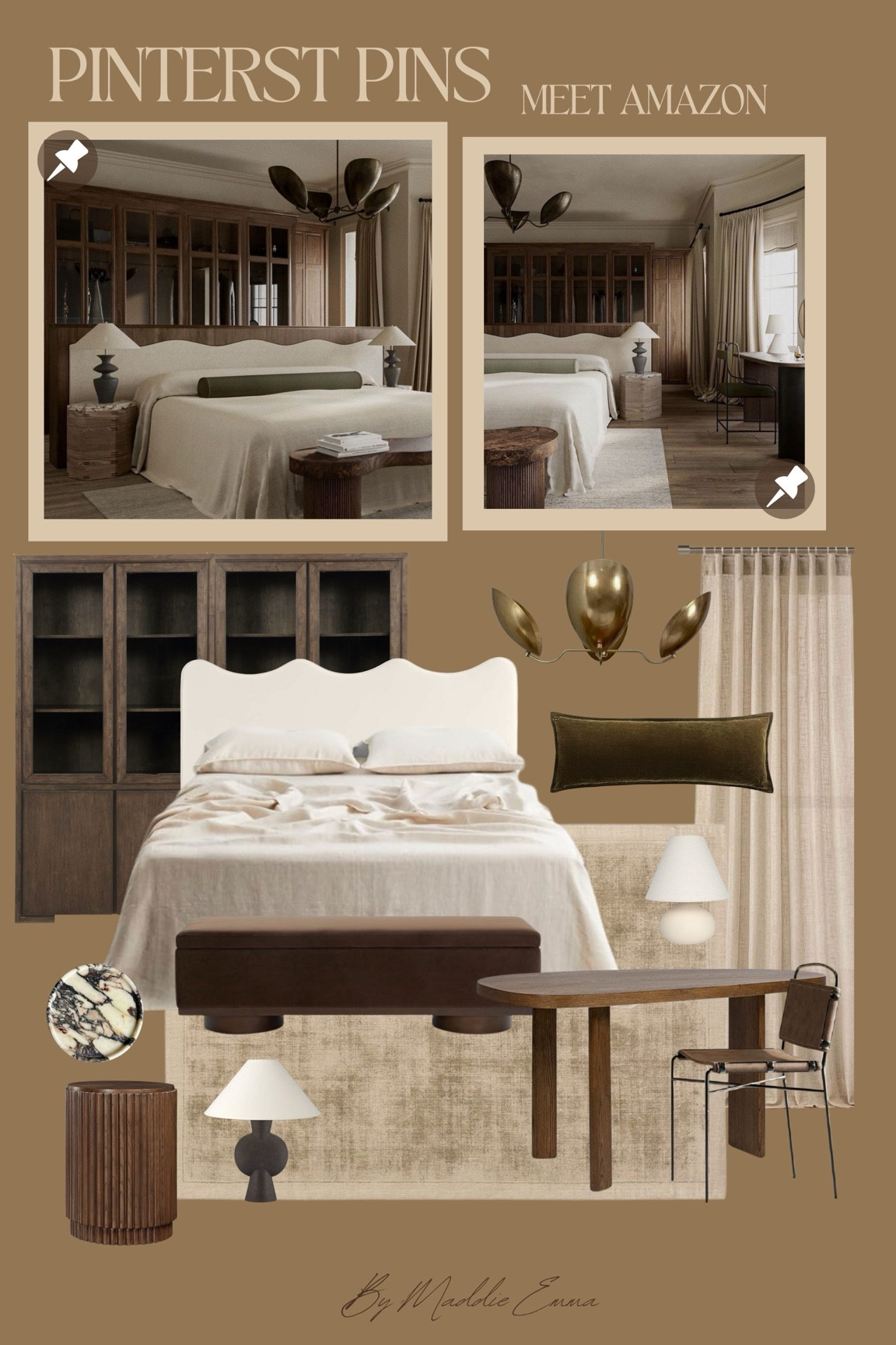 Pinterest inspired bedroom 

scalloped bedframe, wood cabinets, antique brass pendant, wood desk, wool rug, pleated curtains, bench, wood side table, table lamp

#LTKHome