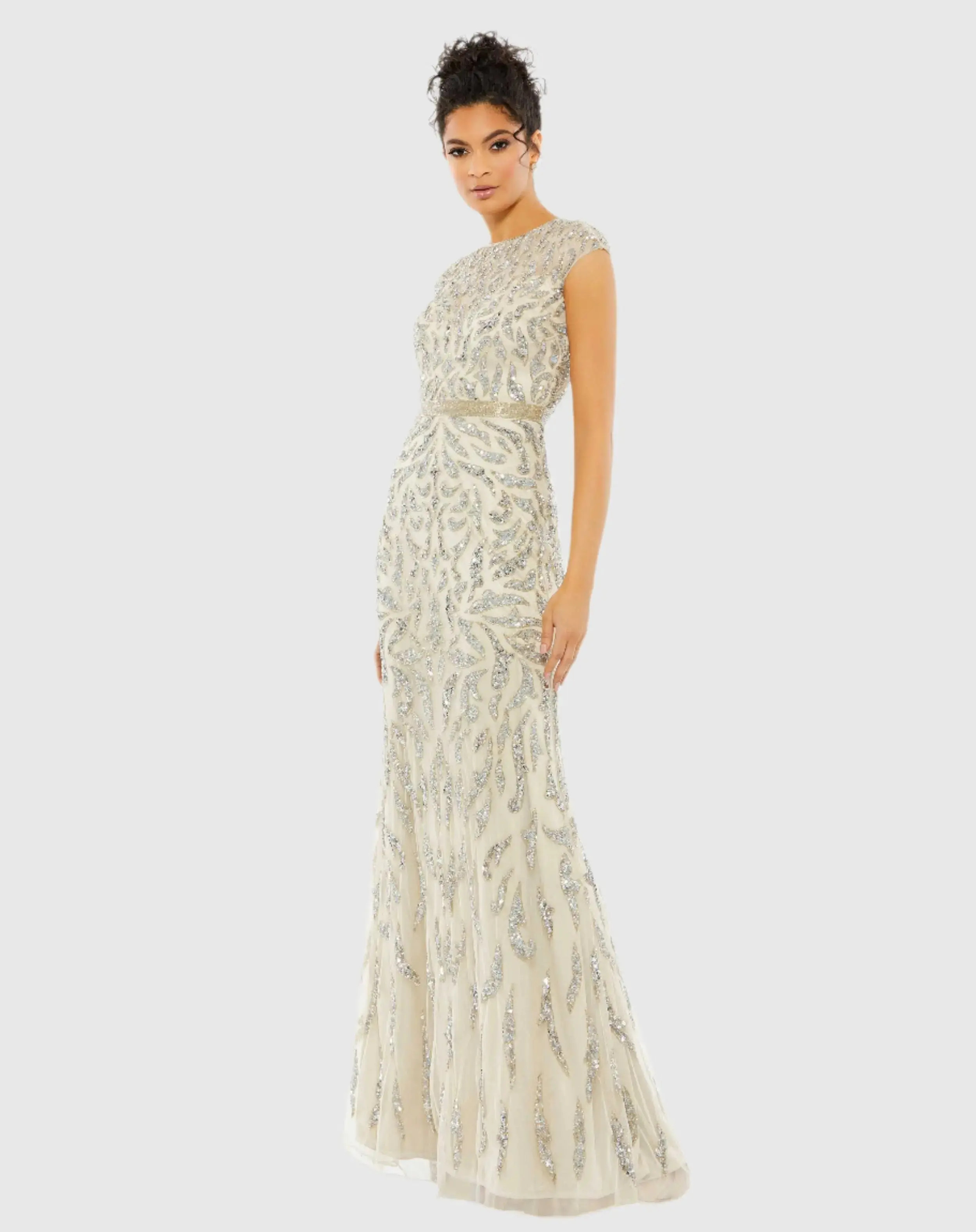 White and Silver Embellished Illusion Cap Sleeve Column Gown | Mac Duggal