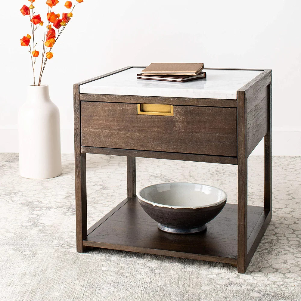 Safavieh Couture Home Adeline Modern Dark Chocolate and White Marble 1-drawer Nightstand | Amazon (US)
