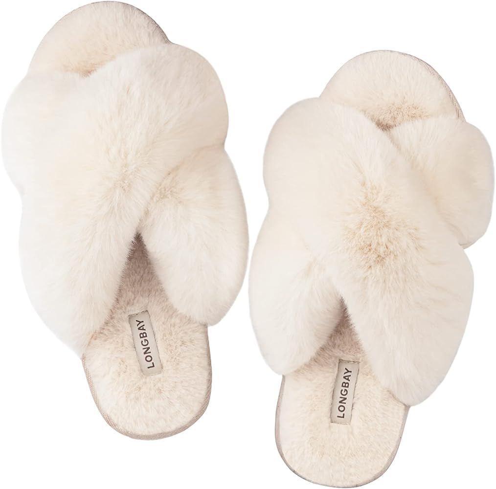 LongBay Women's Fuzzy Faux Fur Memroy Foam Cross Band Slide Slippers Open Toe House Shoes Sandals | Amazon (US)