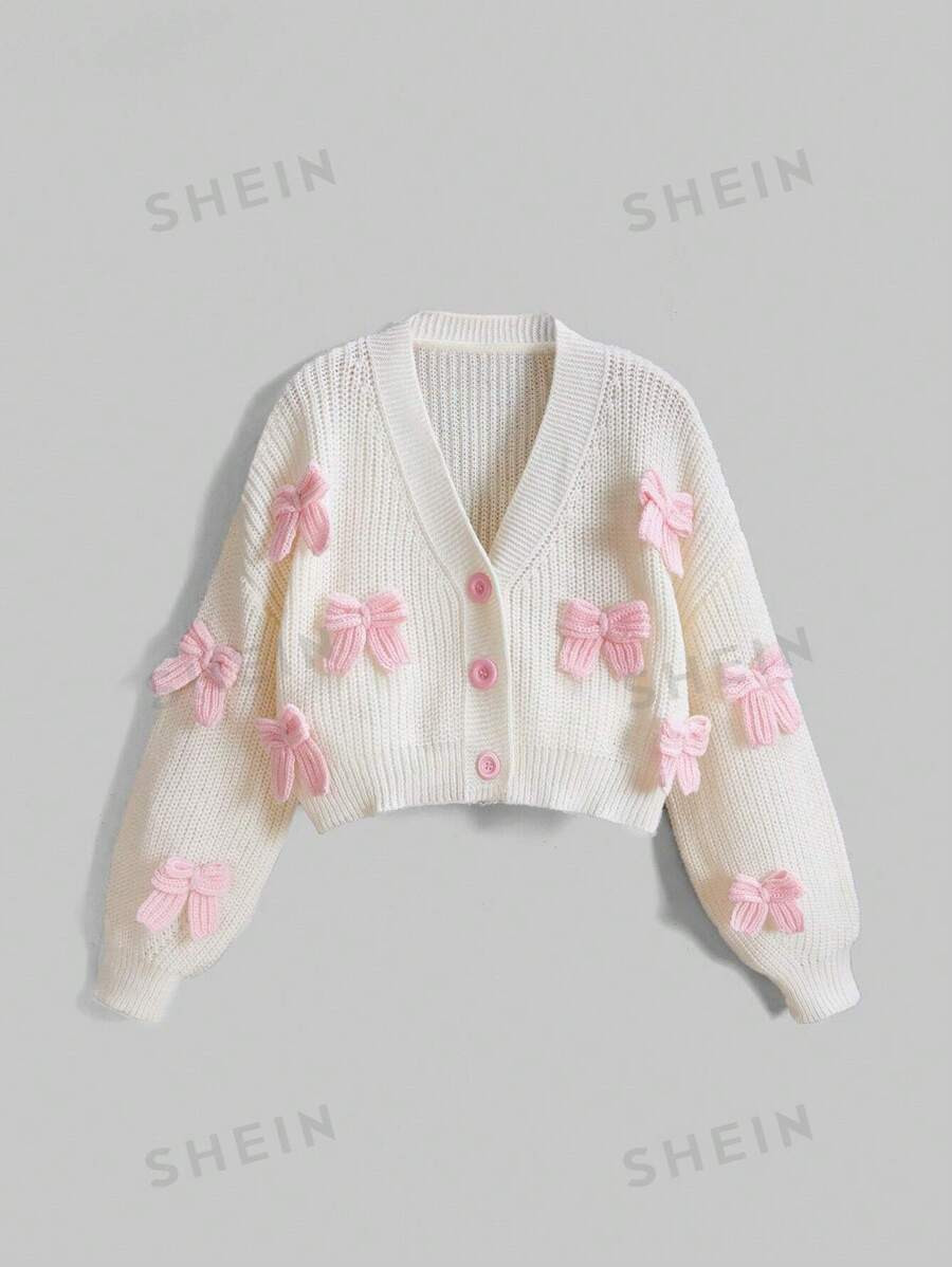 ROMWE Kawaii Women's Pink Three-Dimensional Bow Accessories Cute Girl Minimalist Sexy Cardigan | SHEIN