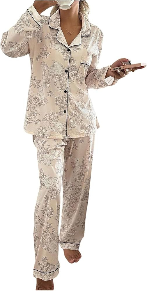 Milumia Women's 2 Piece Pajama Sets Printed Long Sleeve Button Up Shirt and Pants Set Sleepwear | Amazon (US)