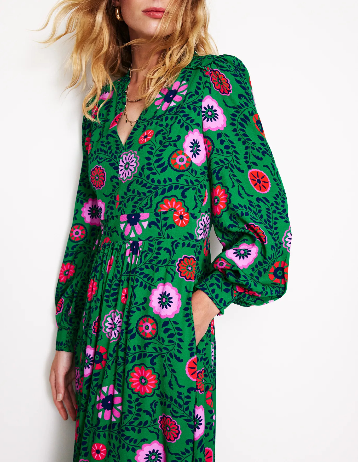 Zoe Trim Detail Midi Dress - Rich Emerald, Meadow Vine | Boden US | Boden (US)