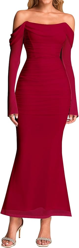 KUTUMAI Off Shoulder Long Sleeve Maxi Dress Corset Bodycon Ruched Cocktail Formal Wedding Guest D... | Amazon (US)