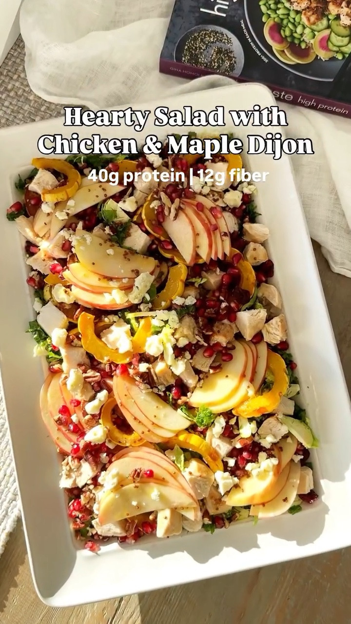 🍁🥗 Hearty Winter Salad (40g Protein + 12g Fiber!) When I need to bring a dish to a holiday party, I always bring something healthy and high-protein… knowing I’ll also be indulging in plenty of other food and drinks. This gorgeous salad is perfect — hearty, bright, and satisfying enough to count as a full meal.

✨ Get the Skinnytaste High Protein cookbook (100+ recipes, all 30g+ protein!)

Recipe here:
 1 delicata squash, cut into 1/4-inch half rings (or any winter squash) 3 tbsp + 2 tsp extra virgin olive oil, divided 3/4 tsp kosher salt, divided Black pepper, divided 2 cups shredded kale 2 cups shredded Brussels sprouts, chopped 2 tbsp apple cider vinegar 1 tbsp pure maple syrup 1 tsp Dijon mustard 1 tsp whole grain mustard 1 medium apple (Honeycrisp works great) 1/2 cup pomegranate arils 1/3 cup toasted pecans, chopped 1/4 cup unsweetened craisins 2 cups diced rotisserie chicken or turkey breast (about 9 oz) 2 oz blue cheese or gorgonzola, crumbled
  Preheat oven to 425°F. Toss squash with 1 tsp olive oil, 1/4 tsp salt, and 1/8 tsp pepper. Roast 20 minutes on a parchment-lined sheet pan until tender and caramelized. Massage kale with 1 tsp olive oil until tender, about 3 minutes. Add Brussels sprouts + 1/4 tsp salt. Whisk vinegar, maple syrup, both mustards, 1/4 tsp salt, and 1/8 tsp pepper. Slowly stream in remaining 3 tbsp olive oil. Slice apple just before serving. Divide kale + Brussels among 4 bowls. Top with squash, apples, pomegranate, pecans, craisins, chicken, and cheese. Drizzle each bowl with about 1 1/2 tbsp vinaigrette.

#LTKselfcare #LTKHoliday #LTKfoodie