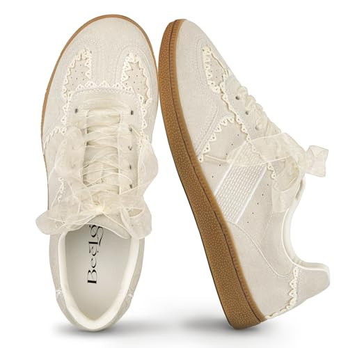 BeeLg Lace Detail Casual Sneakers for Women – Elegant Ribbon Lace Fashion Sneakers with Sued Leather Upper Memory Foam Insole Trendy Casual Shoes for Daily Outfits Beige | Amazon (US)
