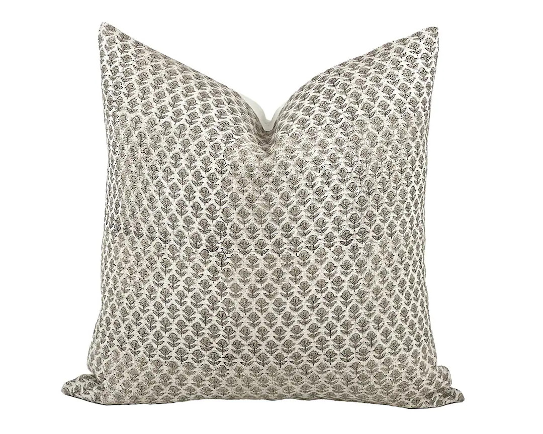 ELODIE Designer Beige Floral Linen Pillow Cover, Block Print Pillow, Farmhouse Pillow, Small Flor... | Etsy (US)