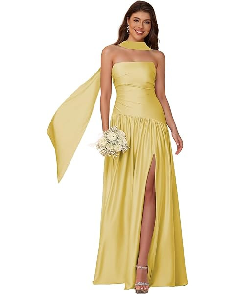 Loyeloy Women's Strapless Satin Bridesmaid Dresses with Scarf Sexy Slit 2025 Chiffon Formal Eveni... | Amazon (US)