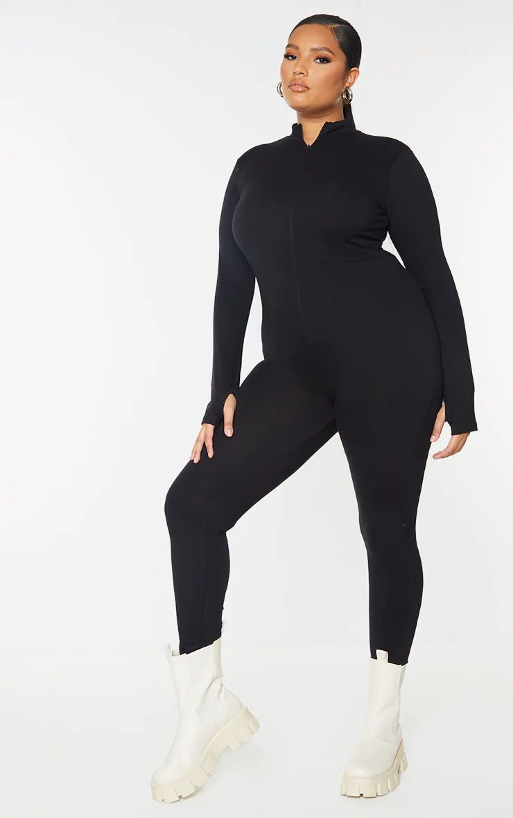 Plus Black Zip Up Long Sleeve Jumpsuit | PrettyLittleThing US