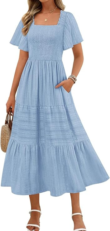 MEROKEETY Women's 2026 Summer Flowy Midi Maxi Dress Short Sleeve Square Neck Smocked Tiered Ruffl... | Amazon (US)