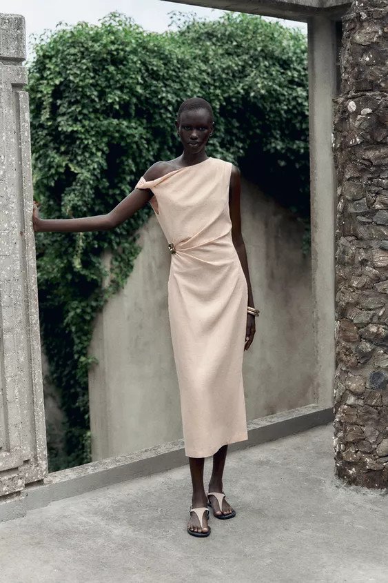 ASYMMETRIC LINEN-BLEND MIDI DRESS WITH APPLIQUÉ | Zara US