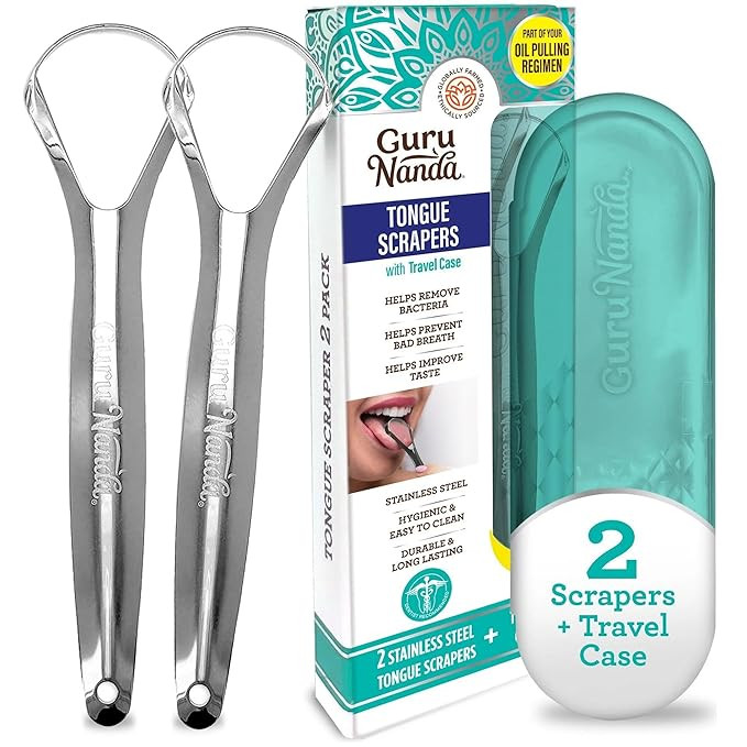 GuruNanda Tongue Scraper for Adults (2 Pack) with Travel Case, 420 Medical-Grade 100% Stainless S... | Amazon (US)