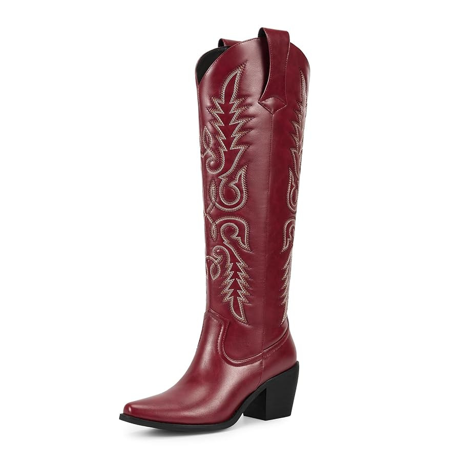 wetkiss Womens Tall Cowboy Boots Side Zipper Ladies Cowgirl Knee High Boots,Comfortable Retro Vin... | Amazon (US)