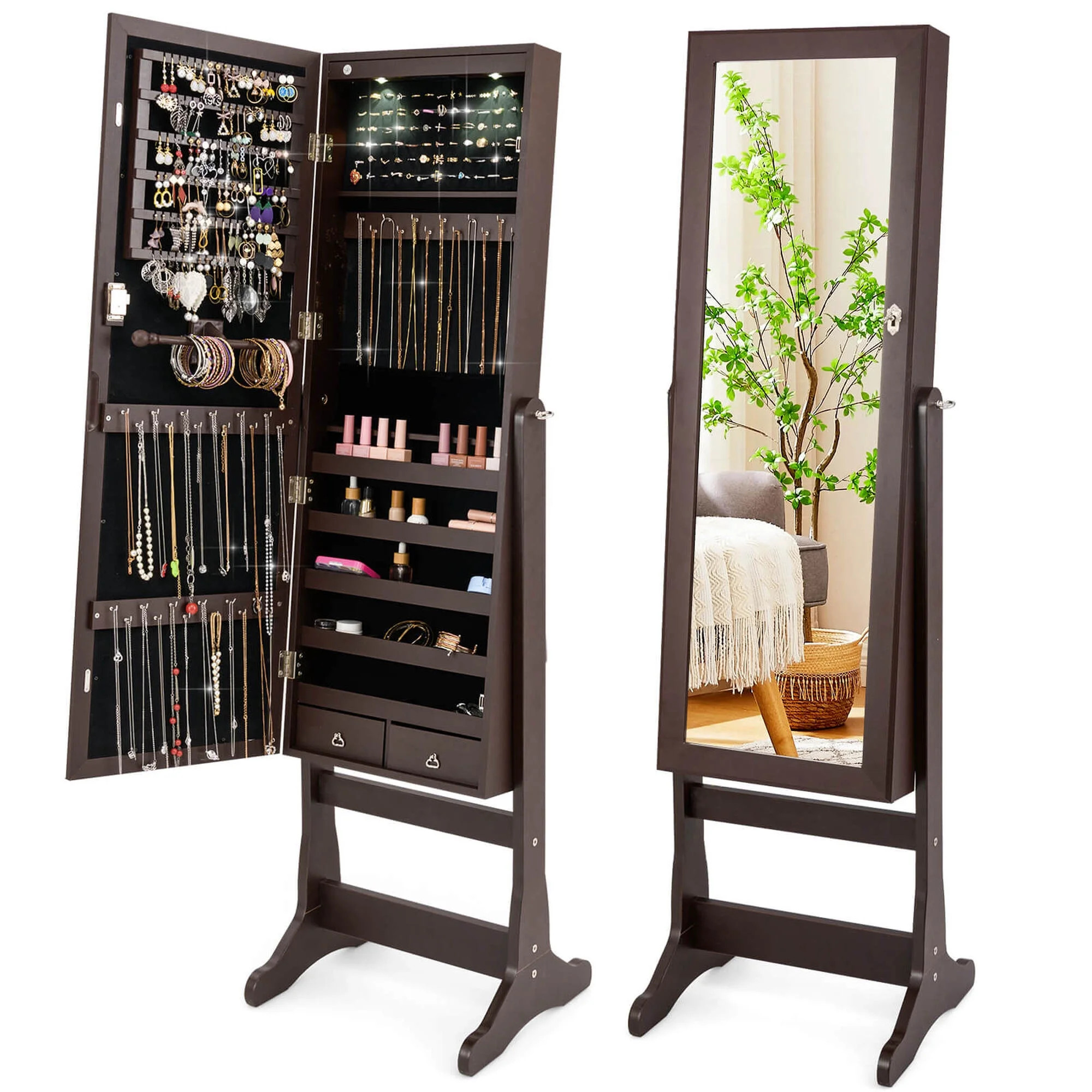 Costway Contemporary MDF Jewelry Cabinet with LED Lights in Brown - Walmart.com | Walmart (US)