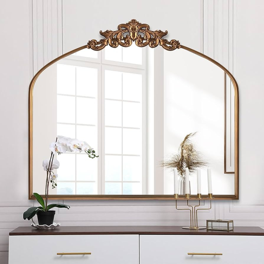 Gold Traditional Arched Mirror, Antique Brass Mirror, Ornate Baroque Mirror, Vintage Carved Mante... | Amazon (US)